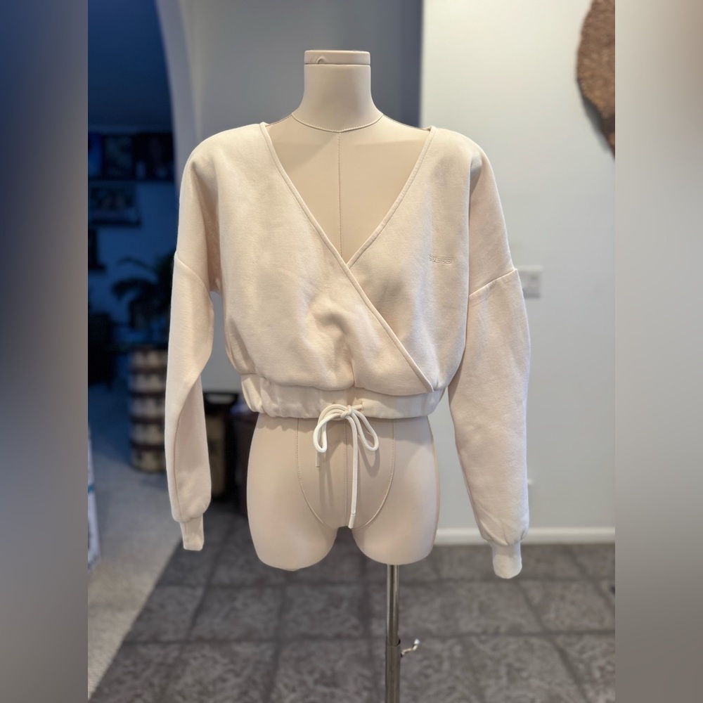 GUESS Women's Alanis Cropped Faux-Wrap Sweatshirt Long Sleeve Small